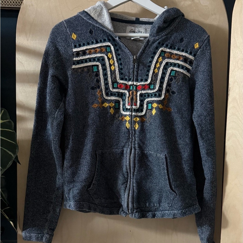 Lucky Brand Navy Embroidered Knit Jacket